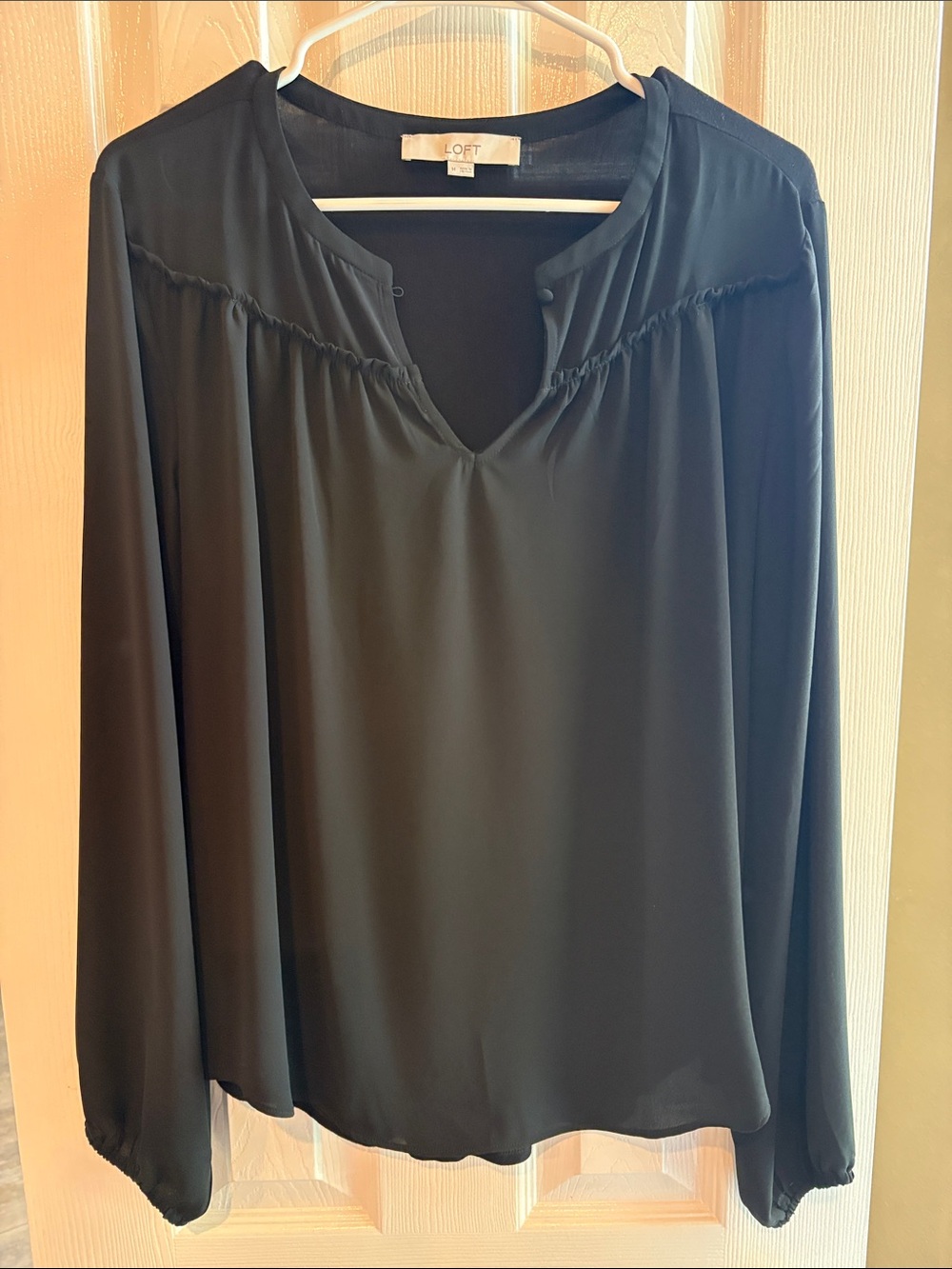 LOFT Black Long-Sleeve V-Neck Peasant Blouse sheer Front M